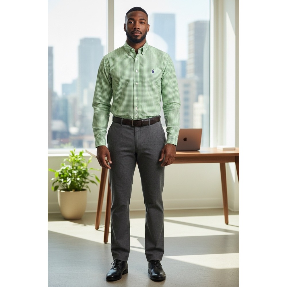 Polo Ralph Lauren Mens Green Gingham Check Button Down Shirt Long Sleeve